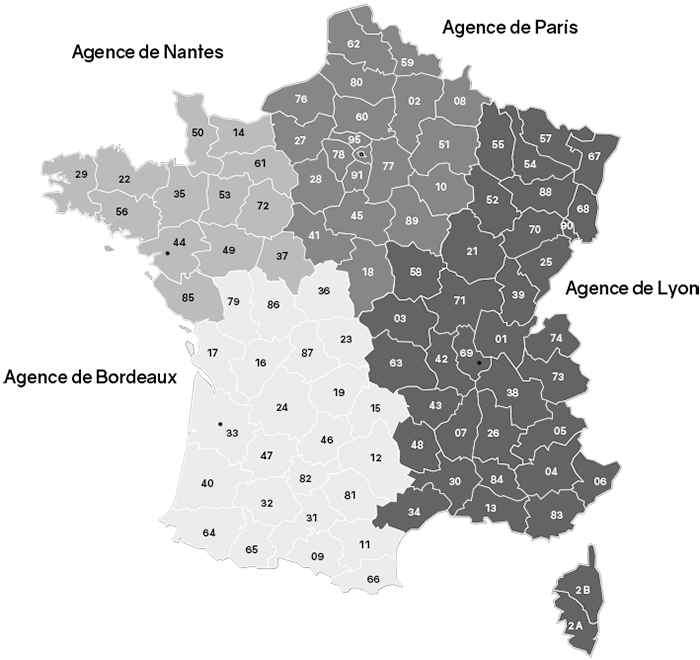 Carte de France des secteurs géographiques des agences de Remo machines